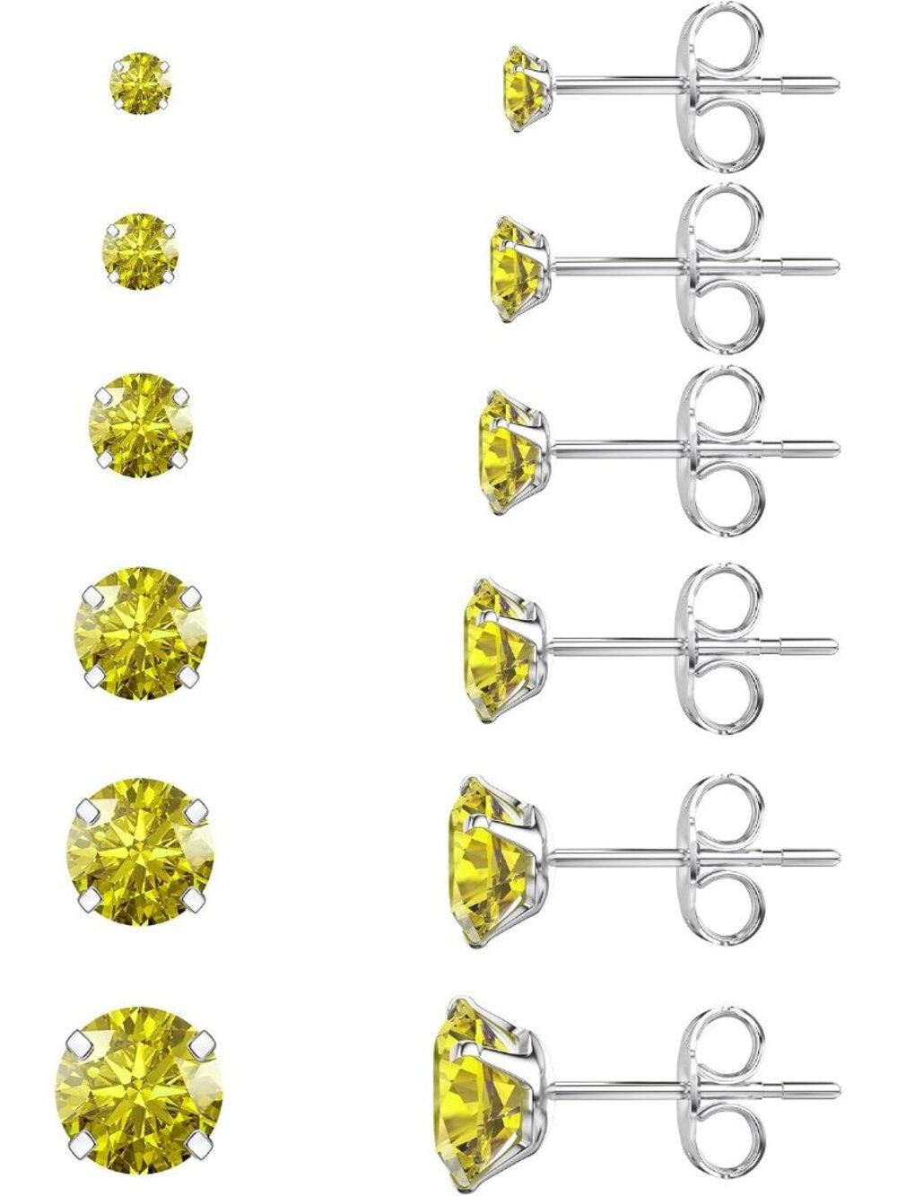 Women's 6 Pairs Yellow 3-8mm Hypoallergenic Stainless Steel Stud Earrings Set